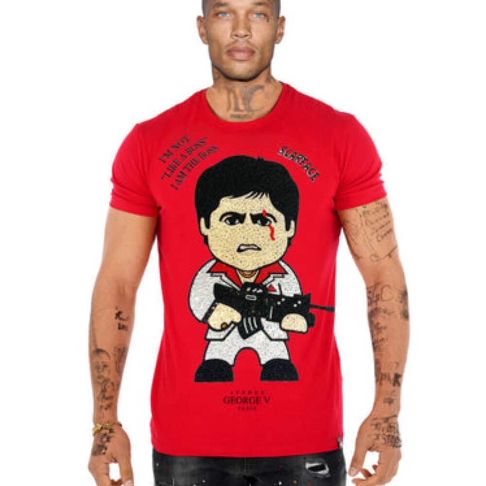 Avenue George V Paris Scarface T-Shirt Rhinestone Tony Montana Men's Red Tee NWT